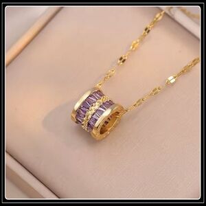 NEW GOLD BAGUETTE SIMULATED PURPLE AMETHYST "BELOVED" LUCKY WHEEL NECKLACE
